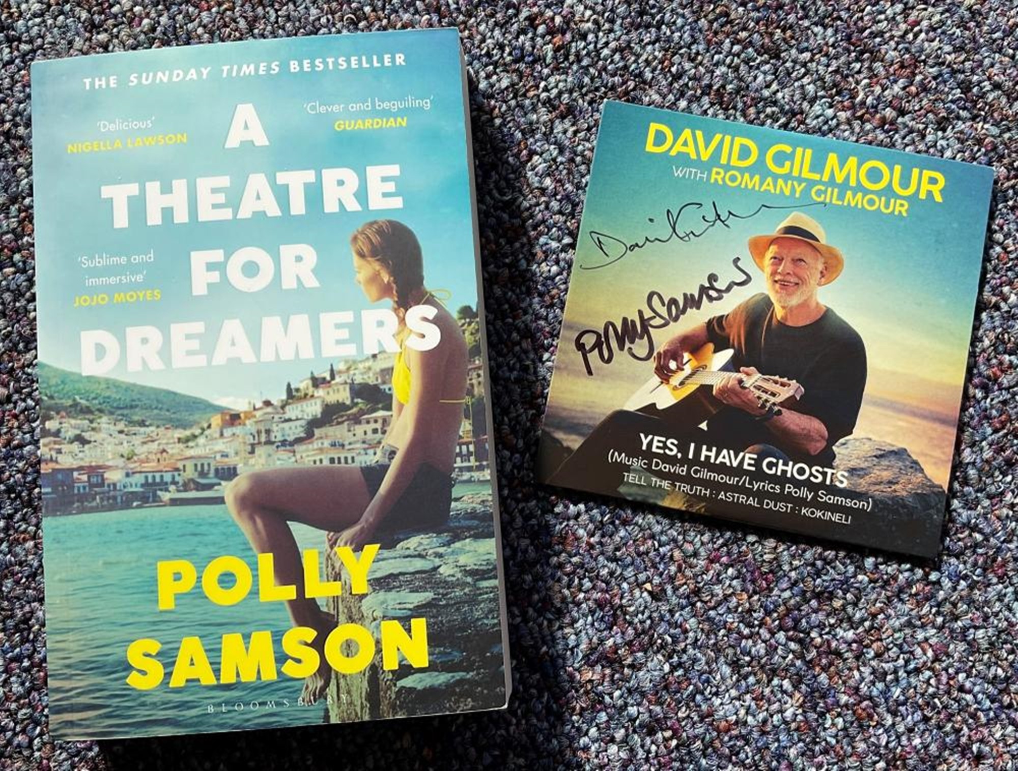 Polly Samson and David Gilmour collection featuring a signed CD and paperback book. Gilmour and
