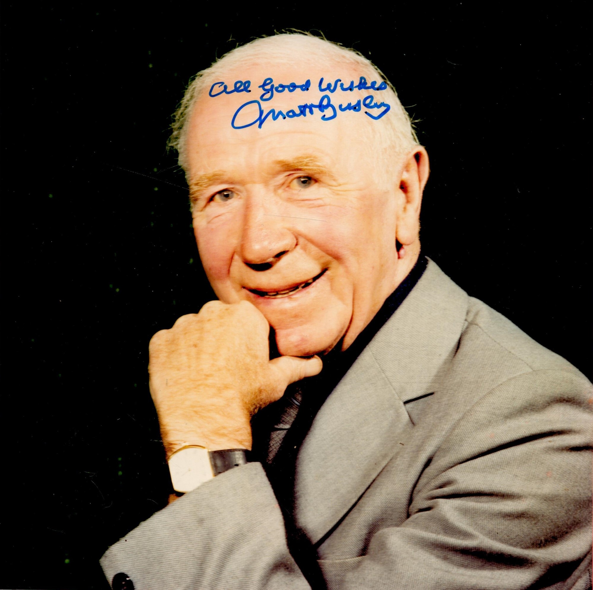 Sir Matt Busby signed 8x8 colour photo. Sir Alexander Matthew Busby CBE KCSG (26 May 1909 – 20