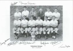 Tottenham Hotspur multi signed 1962 F. A Cup Winners 16x12 inch black and white photo signatures