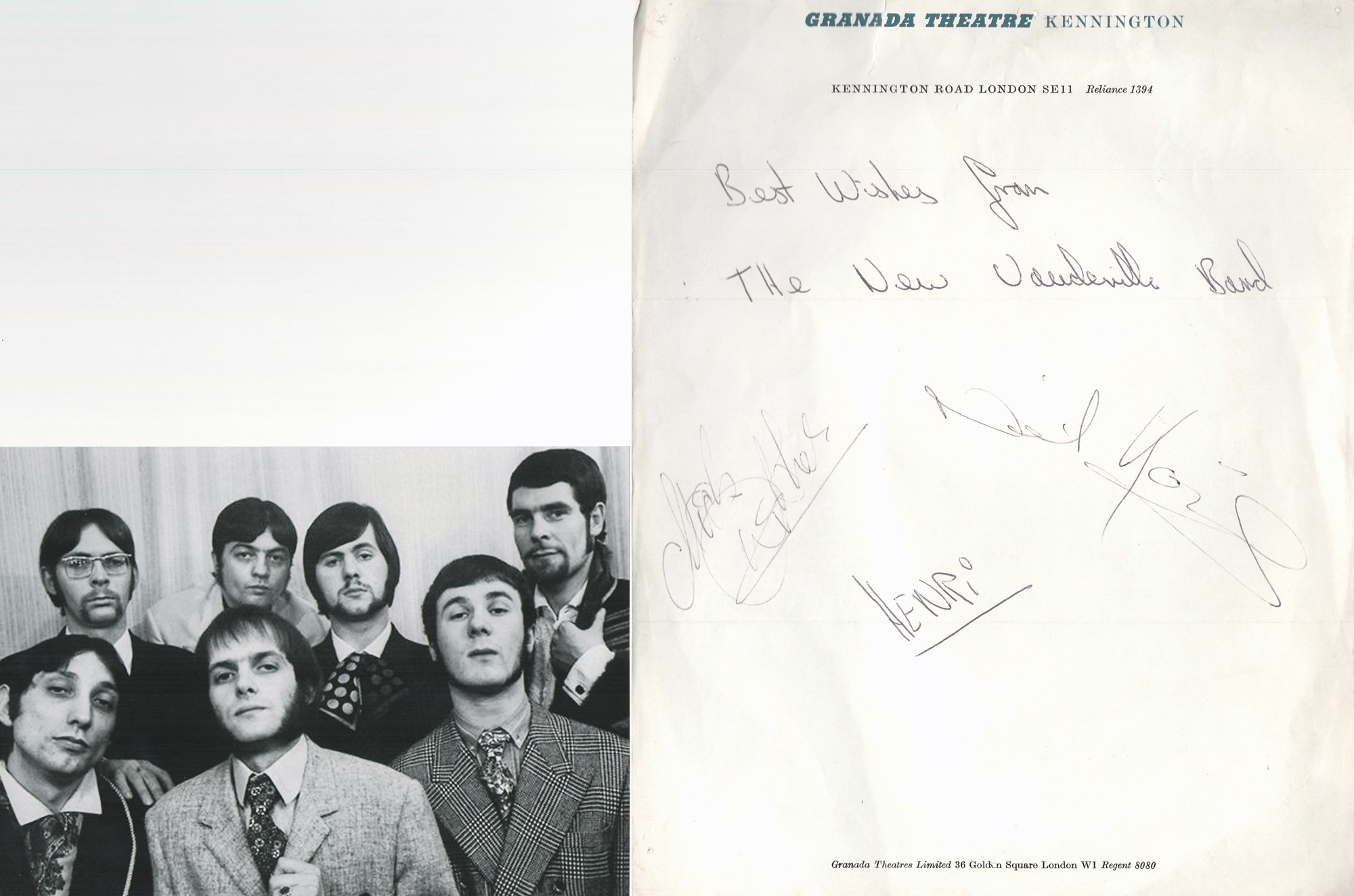The New Vauderville Band Signed Vintage Granada Theatre Letterhead By 'Mad' Henri Harrison, Neil