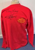 Football, Martin Peters and Geoff Hurst signed red retro England World Cup Winners shirt. With a