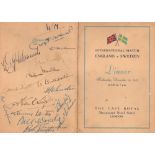 England vintage Football 1947 team signed Menu. 10th October Cafe Royal dinner menu signed by 15