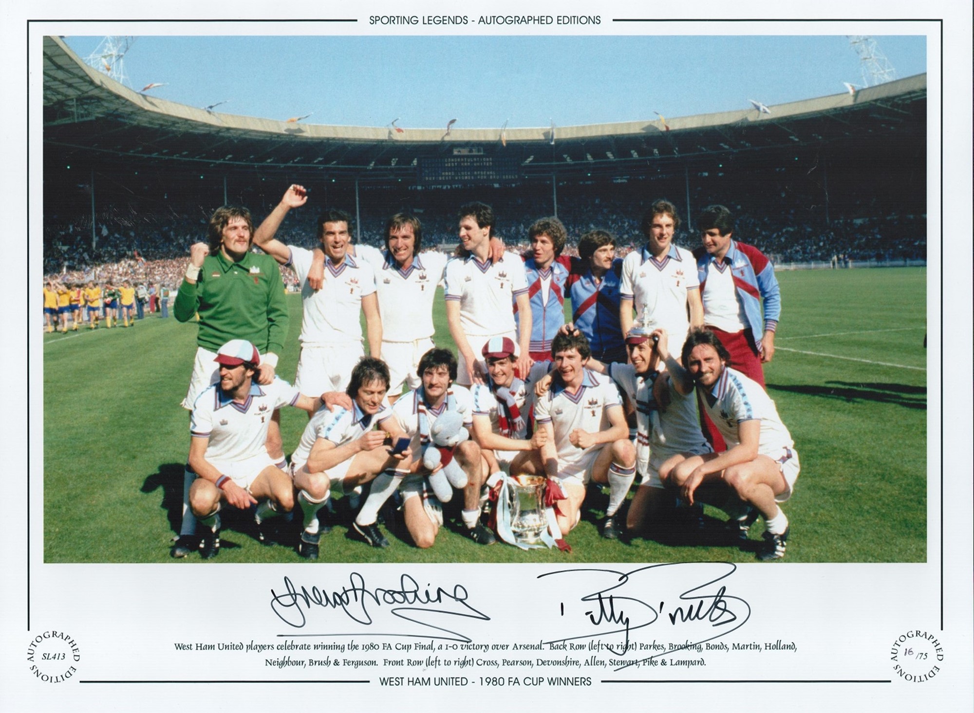 Football. Billy Bonds and Trevor Brooking Signed 16x12 inch colour photo. Autographed editions,