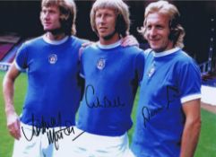 Autographed Manchester City 16 X 12 Photo - Col, Depicting Rodney Marsh, Colin Bell And Denis Law