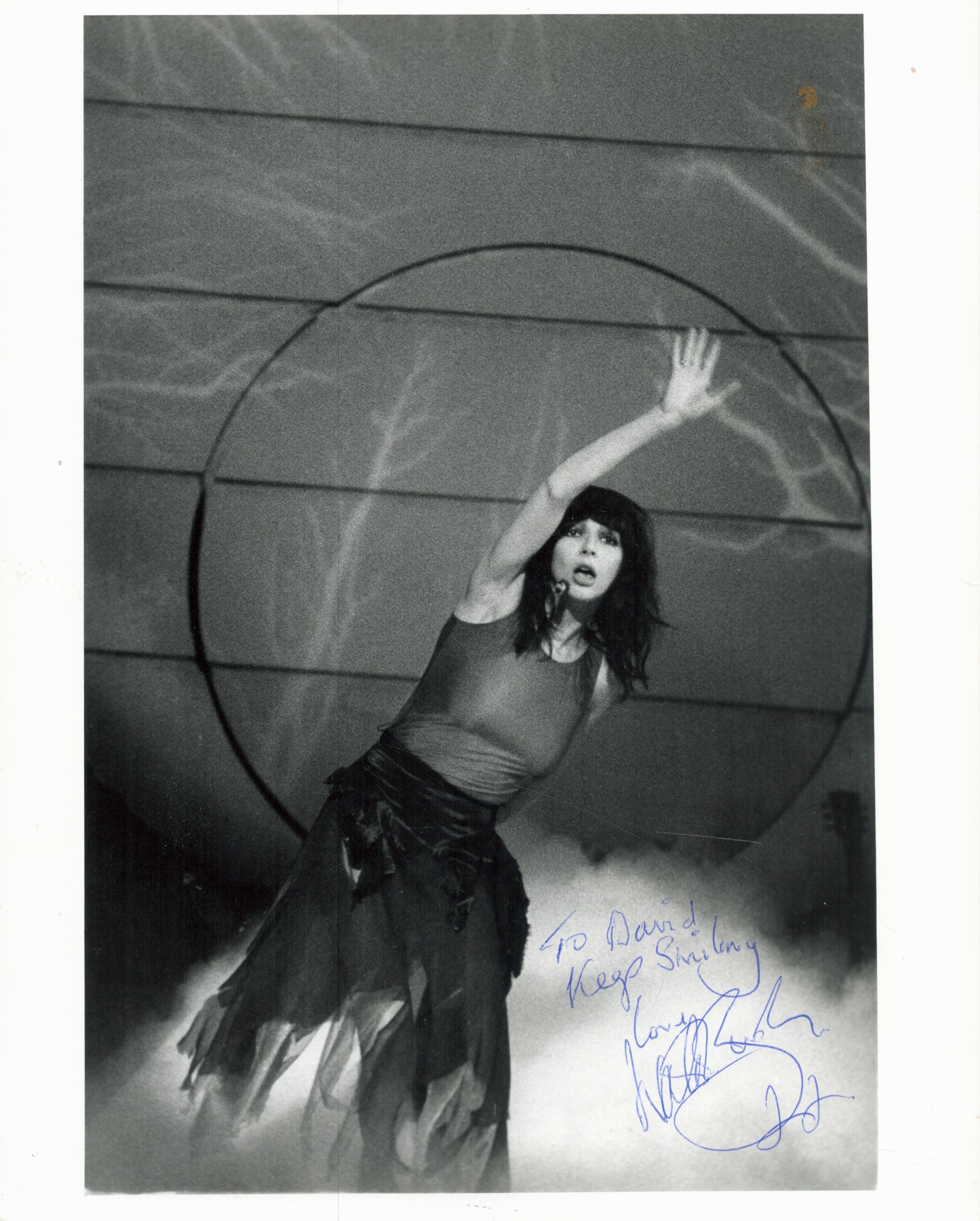 Singer, Kate Bush signed 10x8 inch black and white photograph signed in blue pen, dedicated and