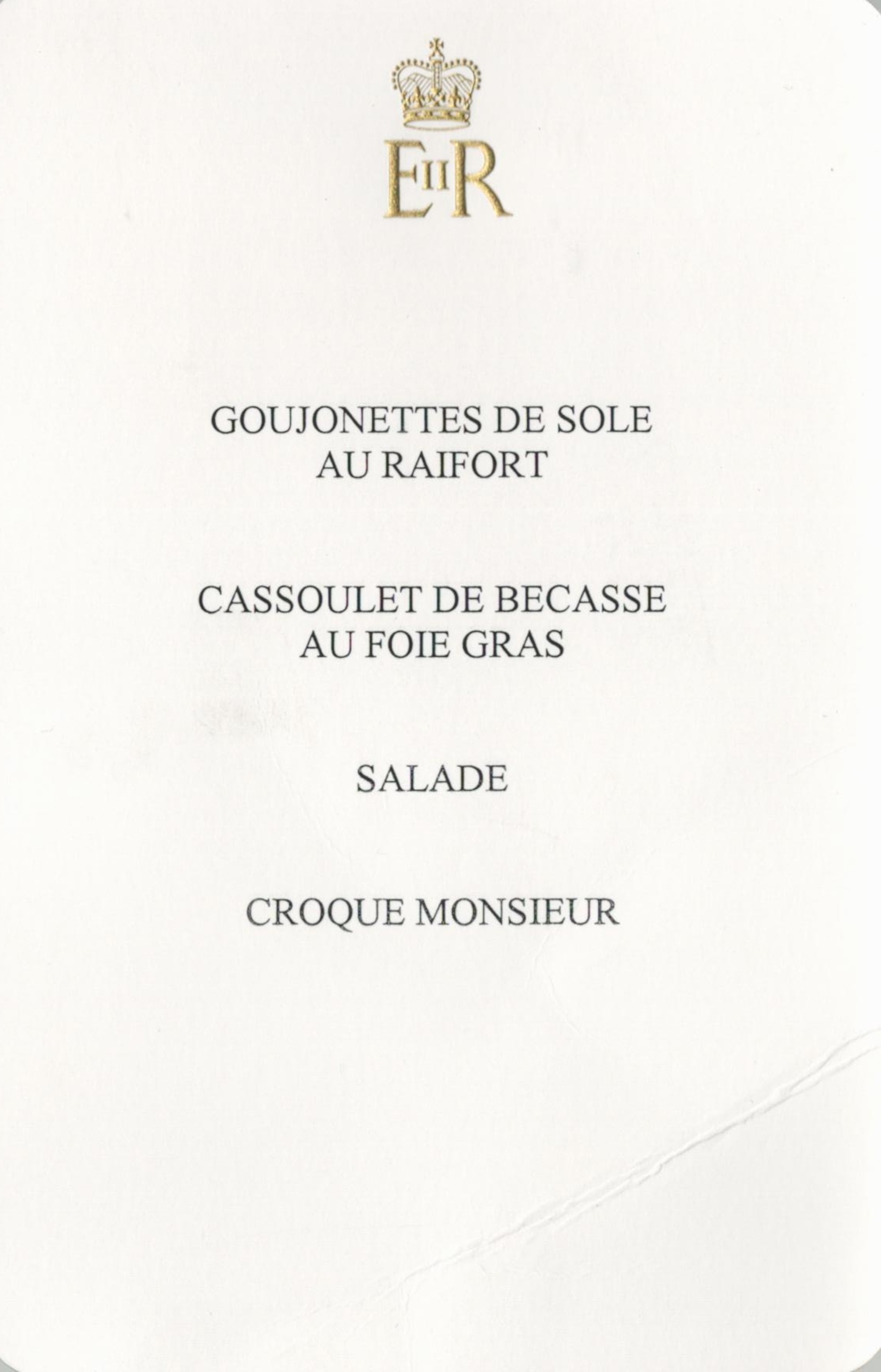 The Queen ER dinner menu from her Christmas visit to Sandringham House. Printed in French, as per