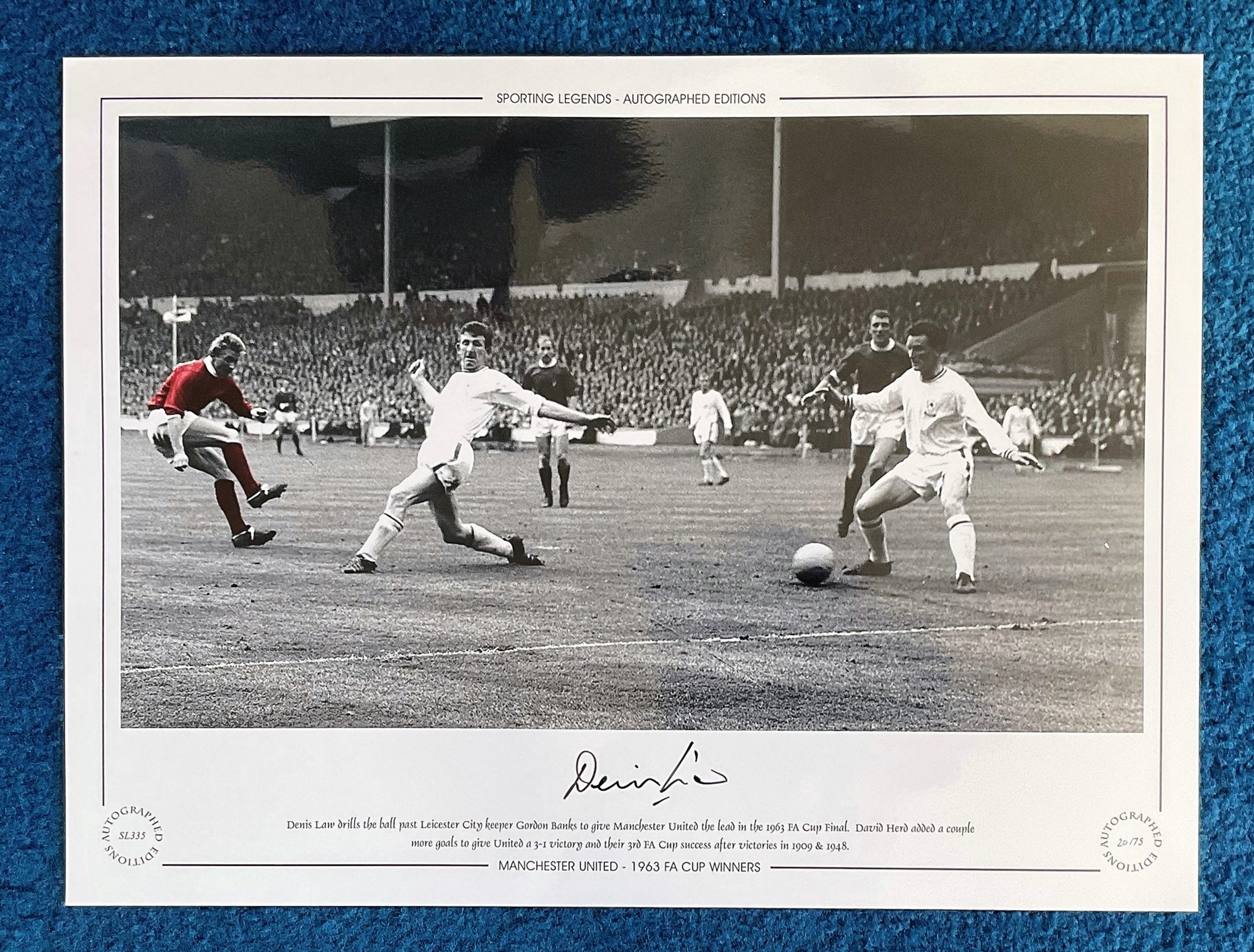 Dennis Law 16x12 inch hand signed colour, black and white photo Autographed Editions, Limited