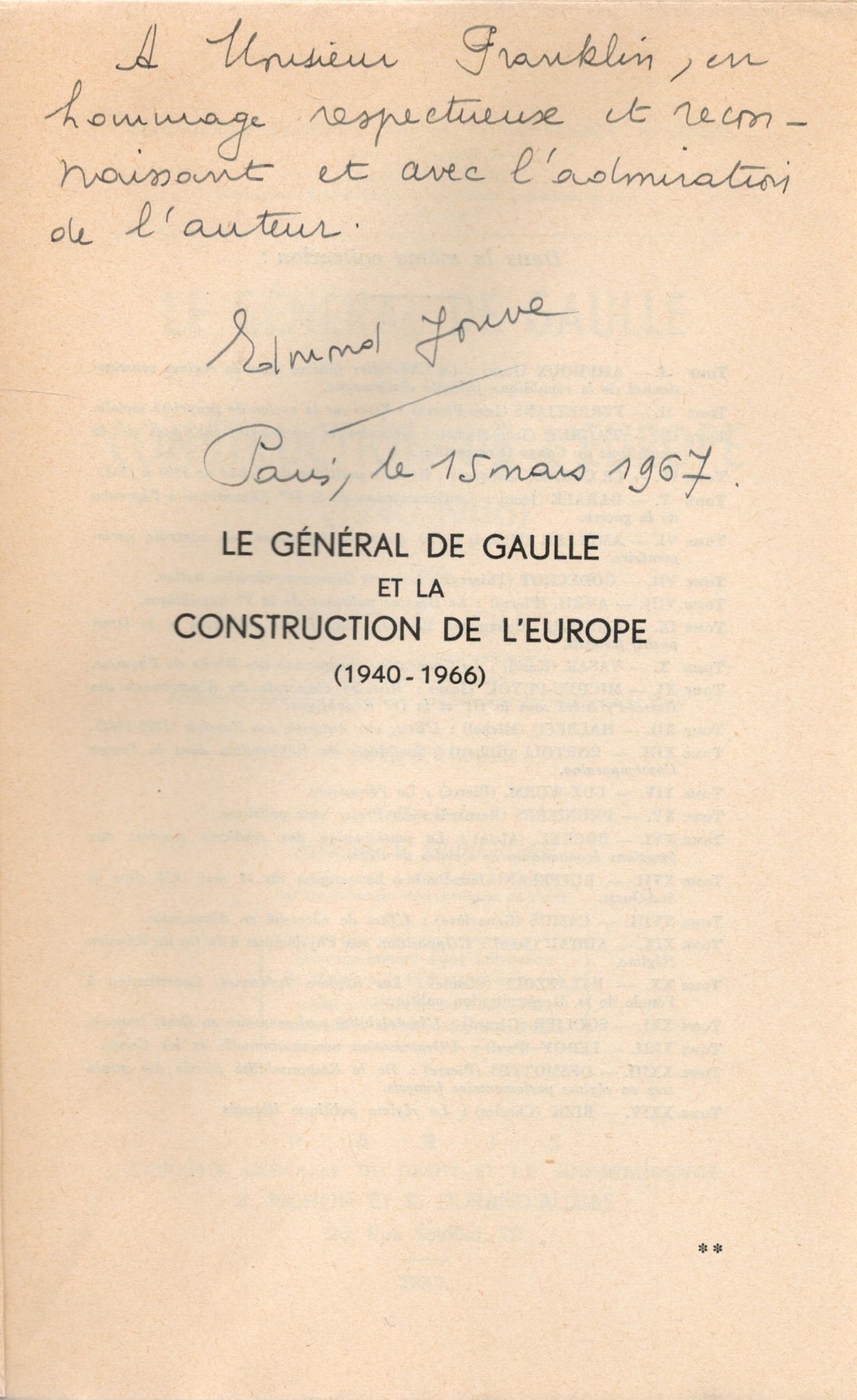 Signed Book Edmond Jouve Le General De Gaulle Et La Construction De L'Europe 1940 1966 Softback Book - Image 2 of 2