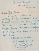Andrew Leigh (The Curse of Frankenstein) Handwritten Letter, Signed, Dated 28. 10. 33. Letter