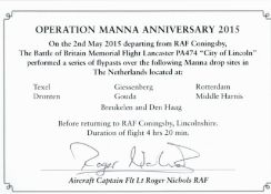 WW2 Aircraft Captain Flt Lt Roger Nichols Signed Operation Manna Anniversary 2015 Card. Good