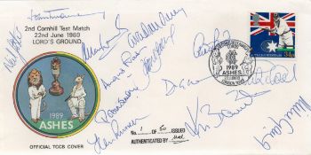 Cricket 12 Players Signed 1989 Ashes Tour At Lords Ground First Day Cover. Signings inc Mike