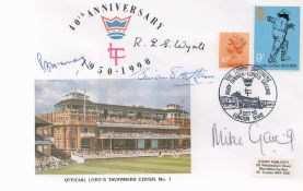 Cricket 4 Signed 40th Anniv 1950 1990 Lords Taverners FDC No1. Signed by Mike Gatting, Peter May,
