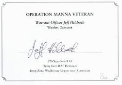WW2 W/O Jeff Hildreth 170 Sqn Signed Operation Manna Veteran White Card Measuring approx 6x4. Good