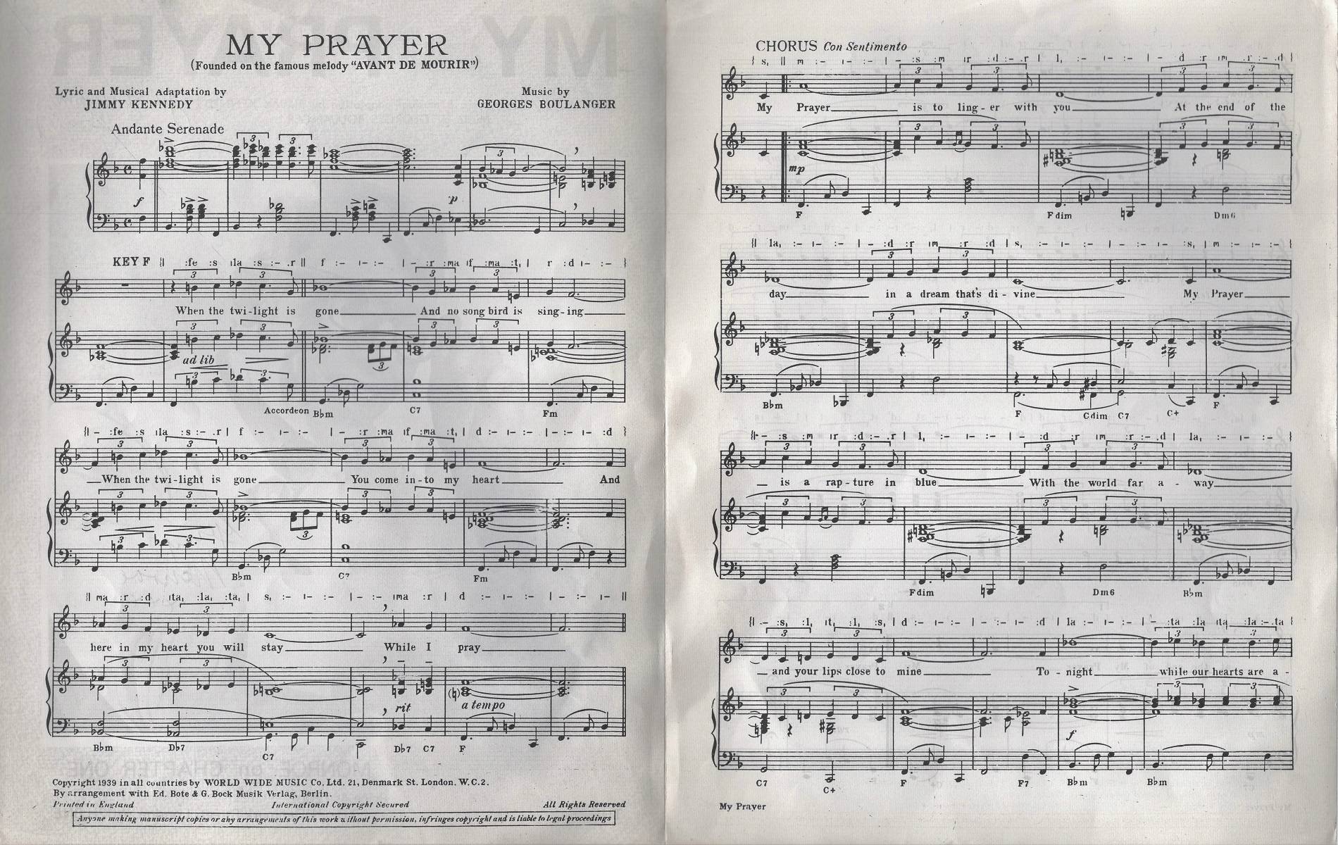 Gerry Monroe (1933 1989) 1970s Singer Signed 'My Prayer' Vintage Sheet Music. Good condition. All - Image 2 of 2