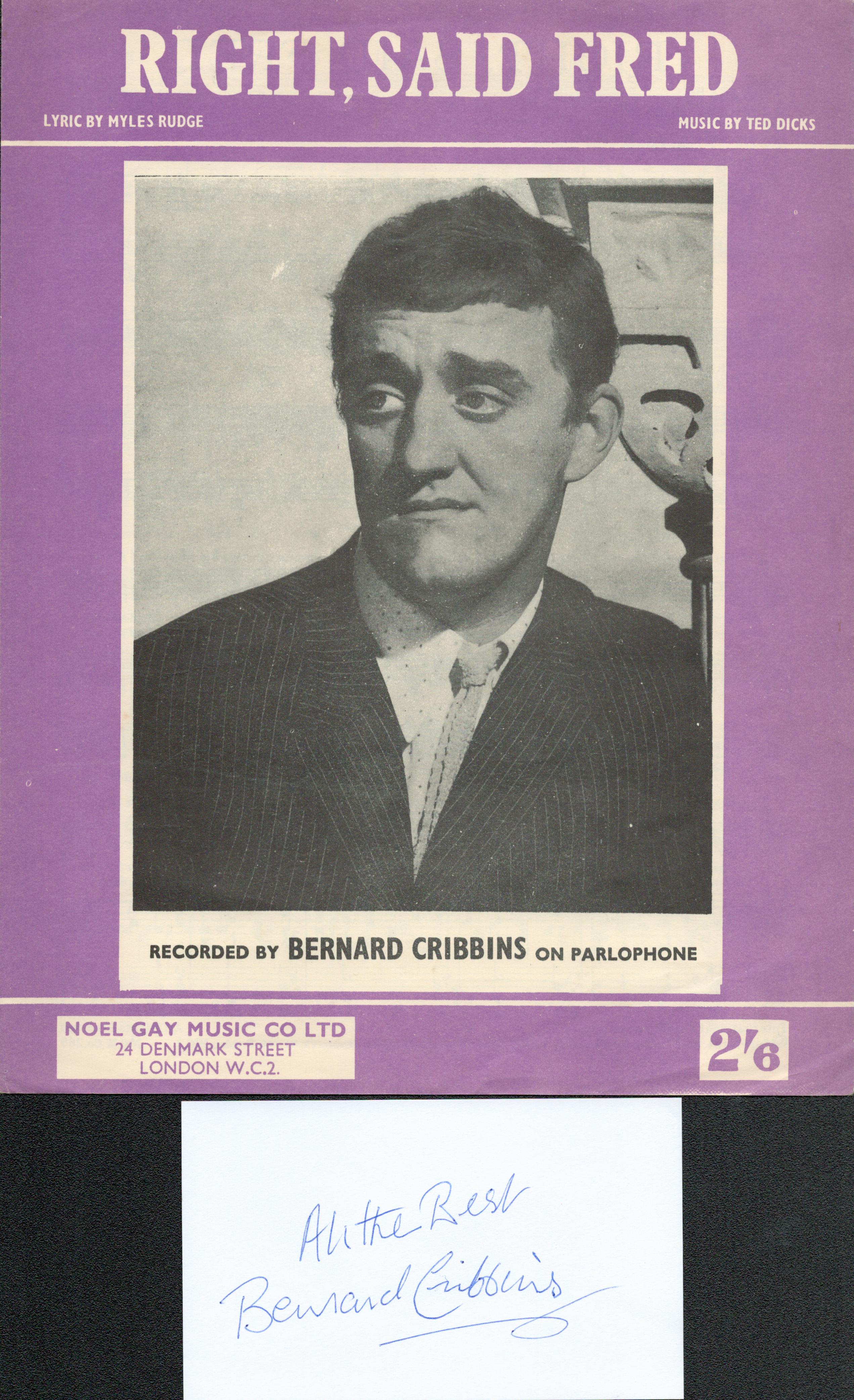 Bernard Cribbins Actor Signed Card With Right Said Fred Vintage Sheet Music. Good condition. All