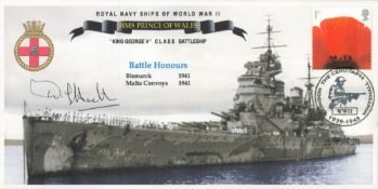 HMS Prince of Wales Battle Honours Bismarck 1941 and Malta Convoys 1941. Signed by Lt Commander