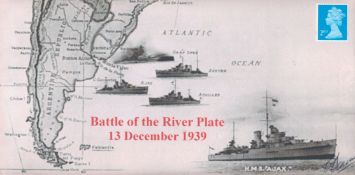 Battle of the River Plate, 13th December 1939. Cover designed features HMS Ajax and a map of South