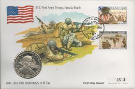US First Army Troops 50th Anniversary of D-Day First Day Coin Cover. 5 Crowns Coin. No 2513. 2 Turks