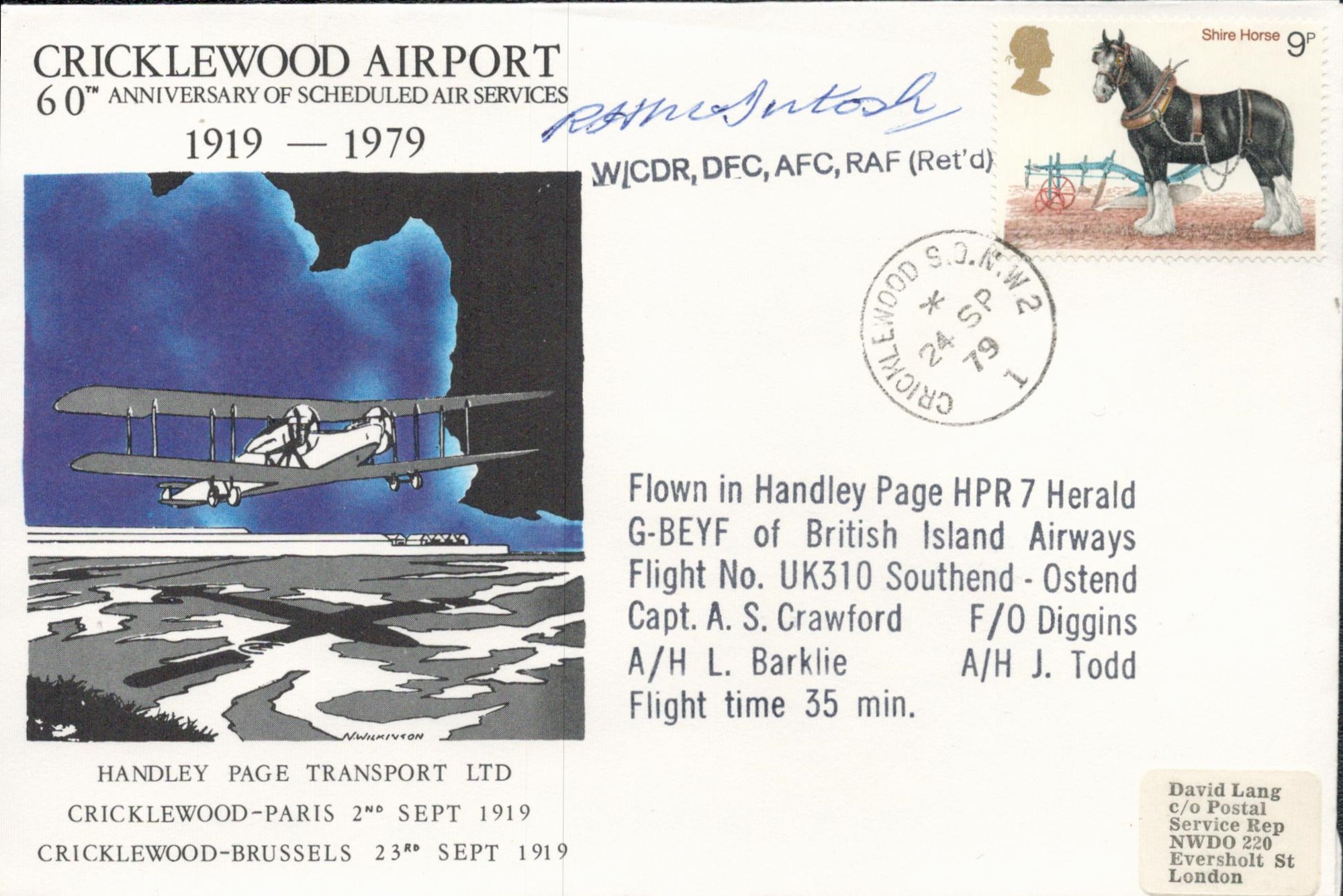 Flown Handley Page Signed by Wg. Cdr. RH McIntosh WW1 Pilot and pilot on Handley Page 24 Sep 79 -