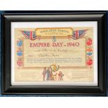 Unusual, framed piece of ephemera approx. 7 x 5. ‘Empire Day 1940’ original certificate awarded to