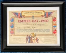 Unusual, framed piece of ephemera approx. 7 x 5. ‘Empire Day 1940’ original certificate awarded to