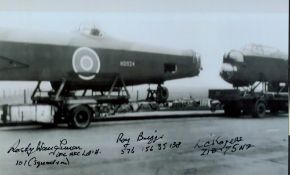 WW2 Flt Lt Rusty Waughman, W O Roy Briggs and F O Lawrence Rodgers Signed 8x5 Black and White Photo.