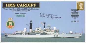 HMS Cardiff Battle Honours Falklands 1982 and Gulf War 1991. Signed by Rear Admiral Hugh A H G