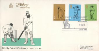 Abbey FDC, County Cricket Centenary featuring W. C. Grace. Set of three Royal Mail County Cricket