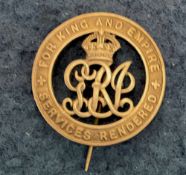 WW1 vintage ‘For King And Empire’ + ‘Services Rendered’ silver pin badge. It has a number B73772 and