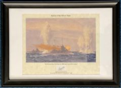 A4 Frame, colour print ‘Battle of the River Plate’ 13th December 1939. Taken from a painting, the