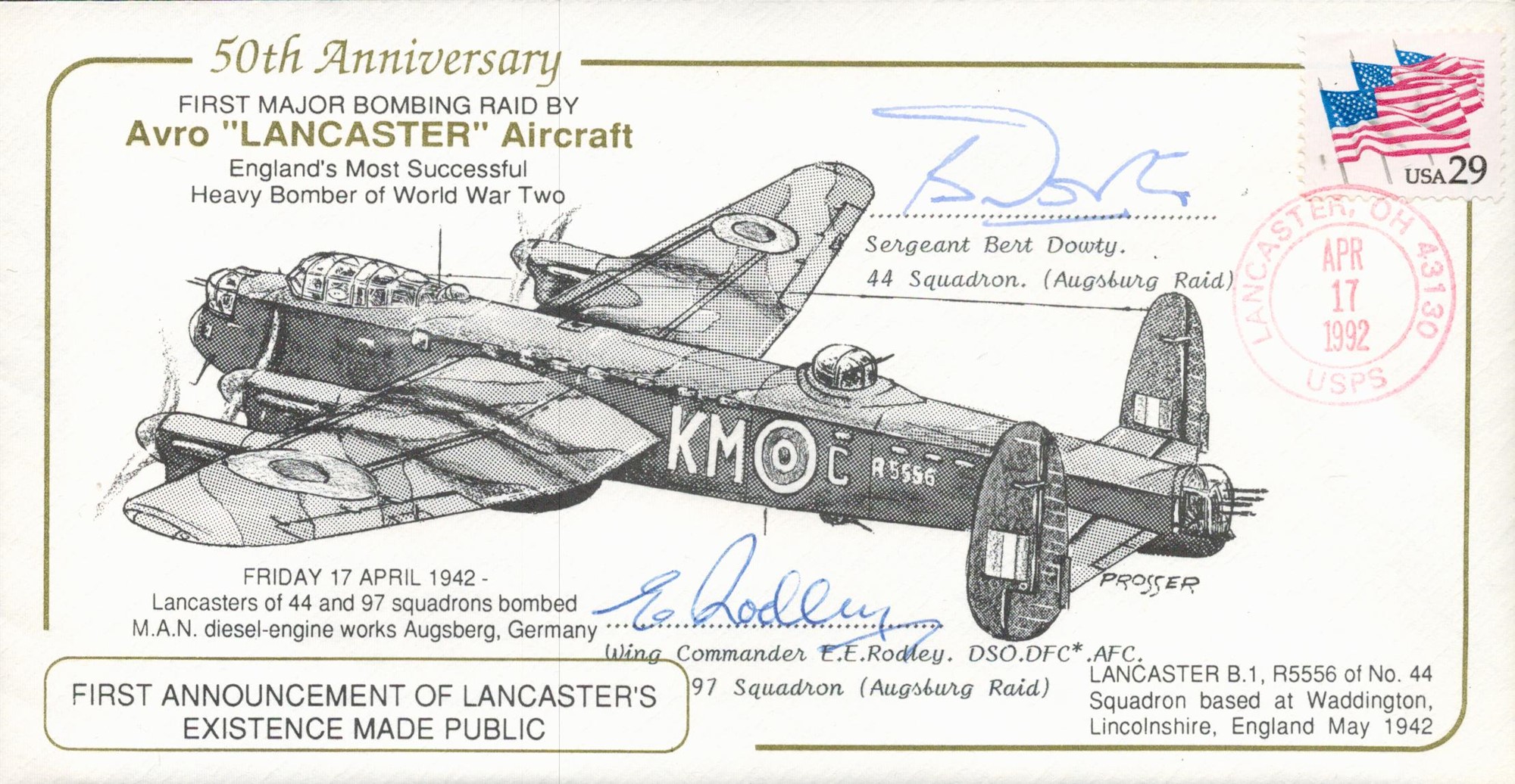 50th Anniv 1st Major Bombing Raid Lancaster Signed B A Dowty and E Rodley Crew 17 Ap 92 Lancaster OH