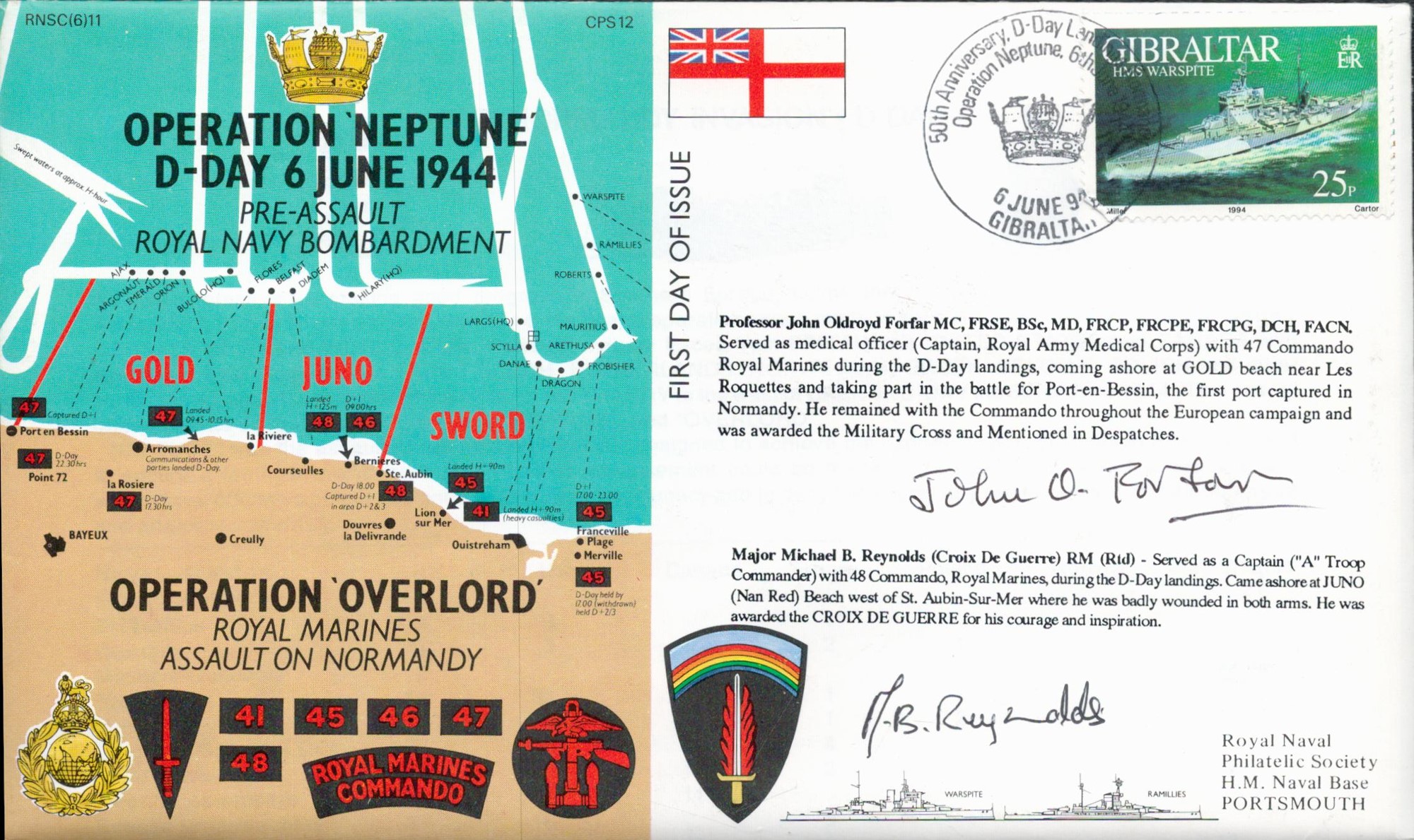 50th Anniversary D Day landing Signed Professor J O Forfar Major M R Reynolds Commando’s in D –