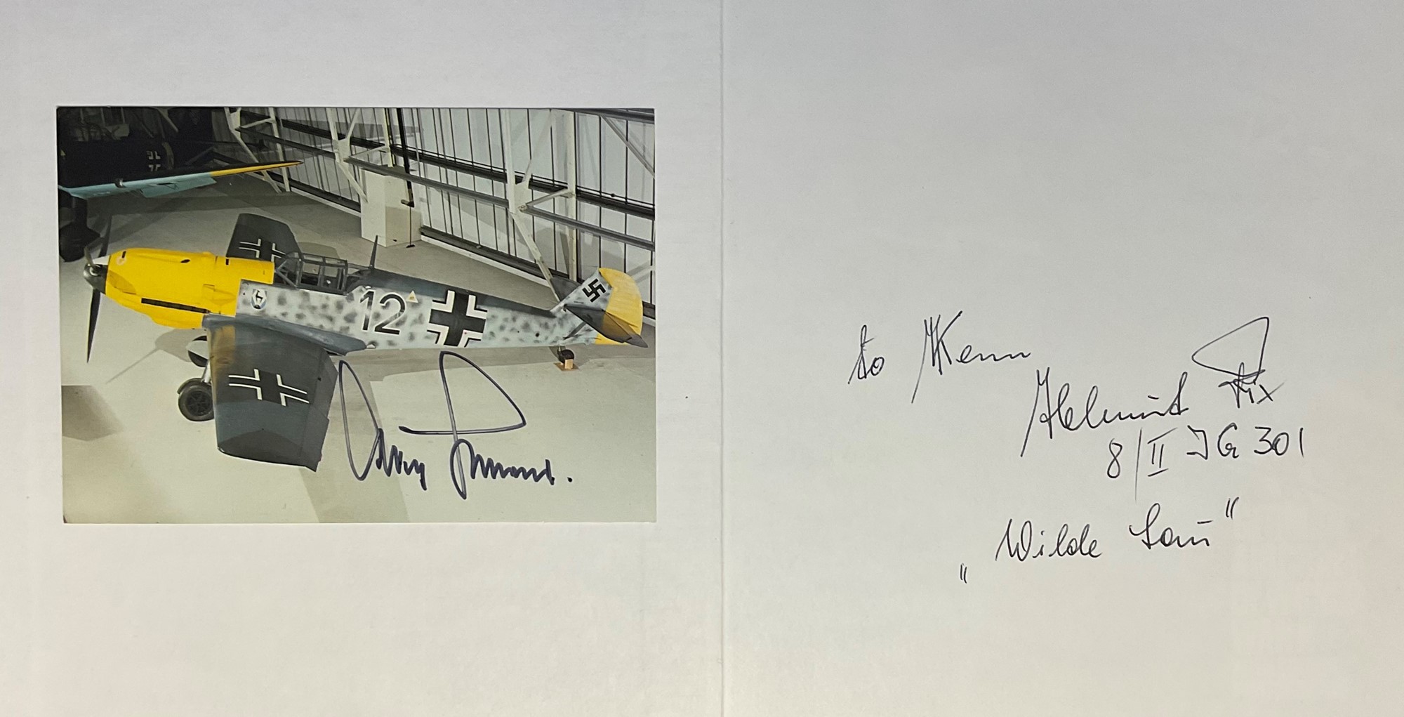 WW2 Adolf Galland Signed Photo attached to German Aircraft of WW2 Hardback Book by Christopher