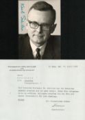 Politics Dr Karl Schiller signed 6x4 black and white photo complete with accompanying typed letter