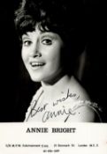 TV Film Annie Bright signed 6x4 black and white photo card. Signed twice, once on front and once