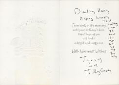 TV Film Jilly Cooper signed birthday card. English author. She began her career as a journalist