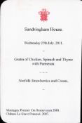 Historic Prince Of Wales dinner menu dated 27th July 2011 dining at Sandringham House. This luxury