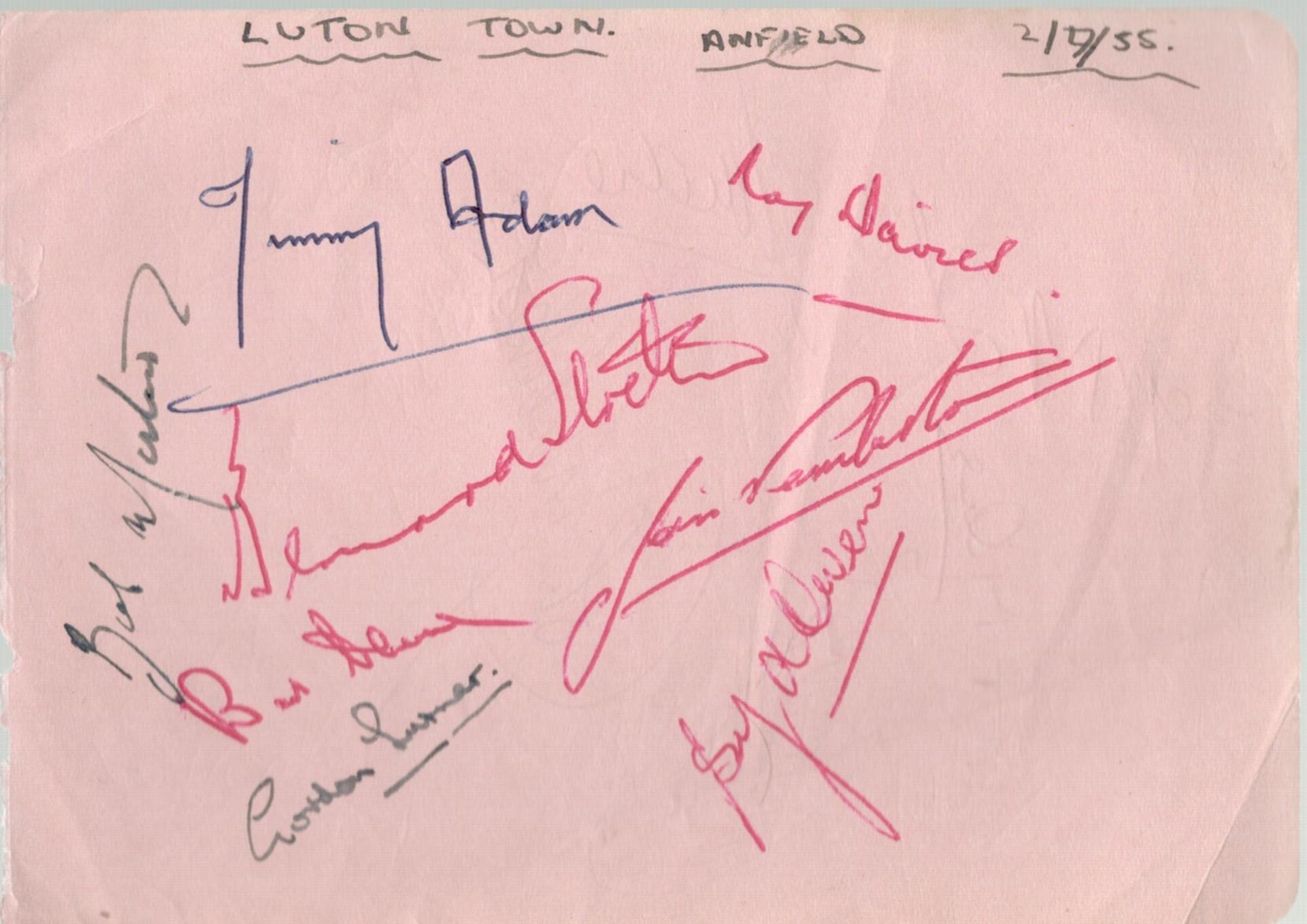 Sport Luton Town FC Multi signed 1955 Squad Members Autograph page, with Programme and Song sheet. - Image 4 of 5