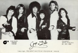 Music Guys 'N' Dolls signed 6x4 inch black and white photo. Signature on back of photo. Guys 'n'