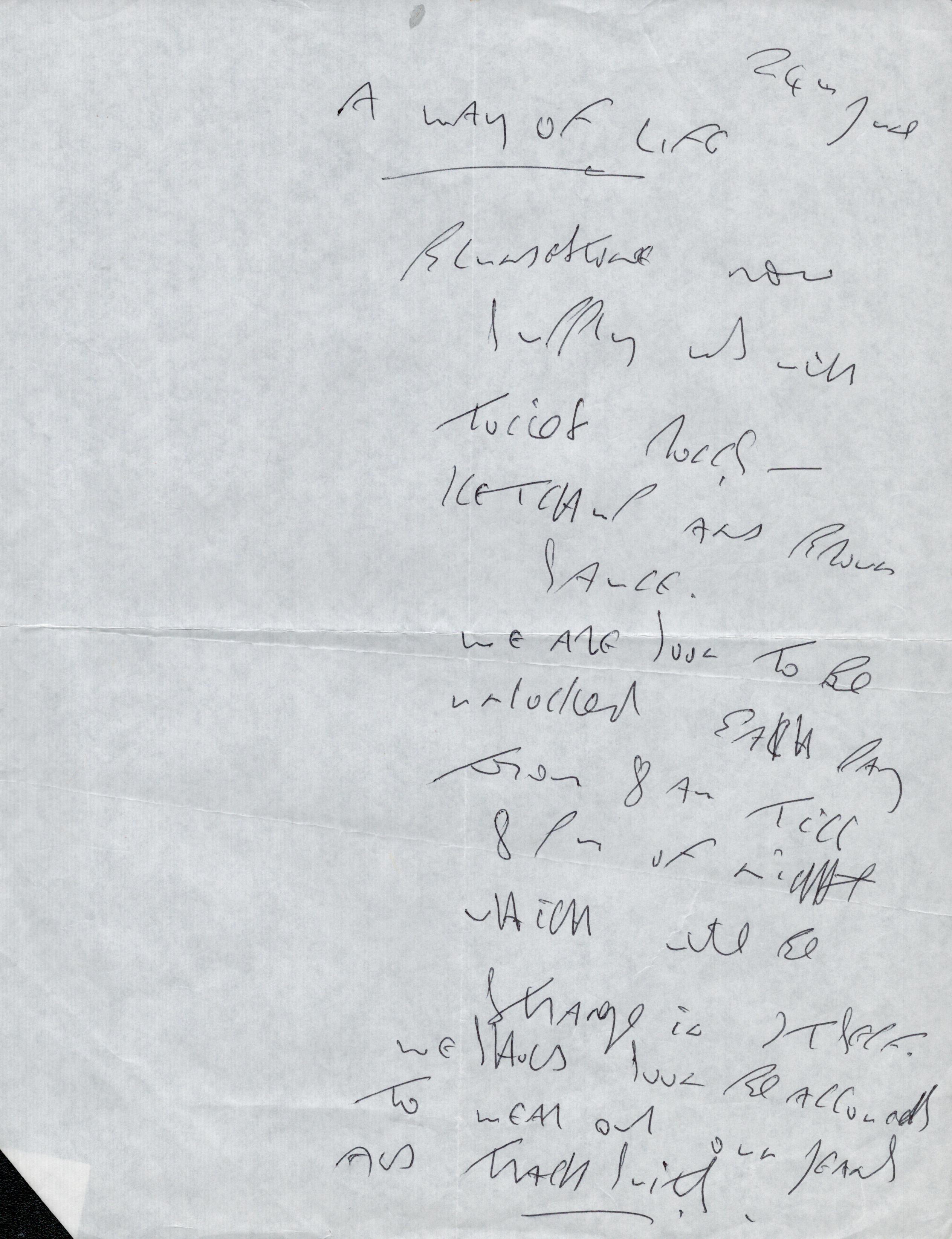 Historic Reggie Kray Handwritten Poem Titled 'A Way Of Life' on 24th July. Written in black biro