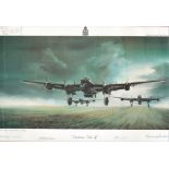 WW2 Multi Signed Maurice Gardener 14x20 Colour Print Titled Dambuster Take Off. Personally Signed in