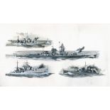 WW2 Fantastic Rare Original Painting Showing HMS Ajax, HMS Achilles, HMS Exeter and Graf Spee.