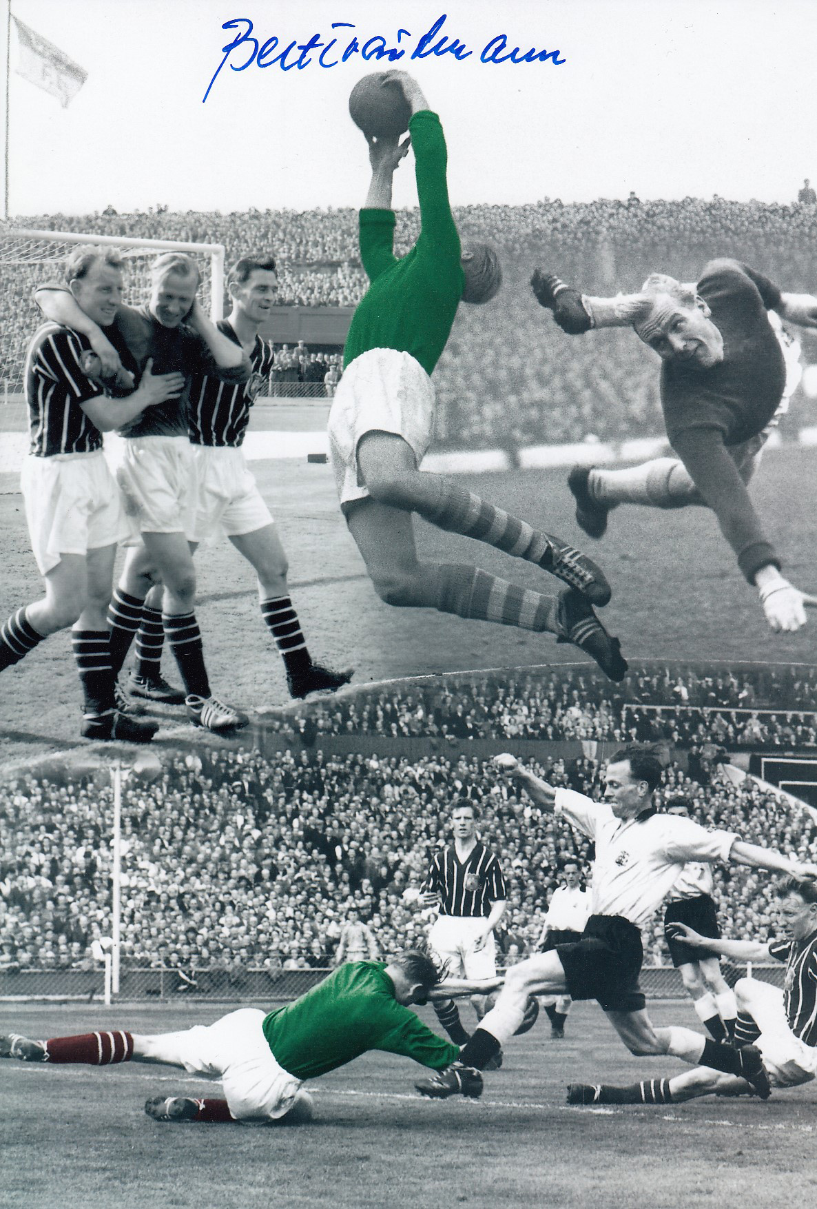 Autographed BERT TRAUTMANN 12 x 8 photo - Colorized, depicting a montage of images relating to the