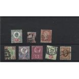 GB high value stamp collection on stockcard. 8 stamps. Includes QV 1/2d, 1d, 2d, 4d, 5d,6d, GVII -2d