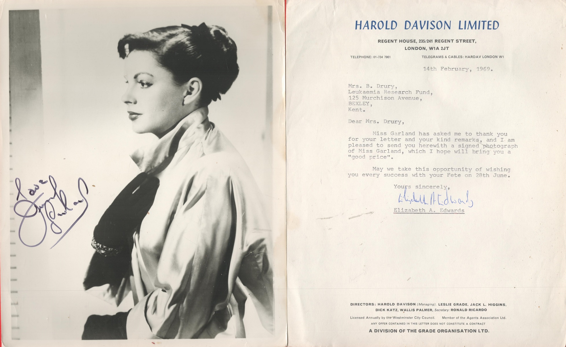 Judy Garland signed 10x8 vintage black and white photo with accompanying Harold Davison Ltd TLS