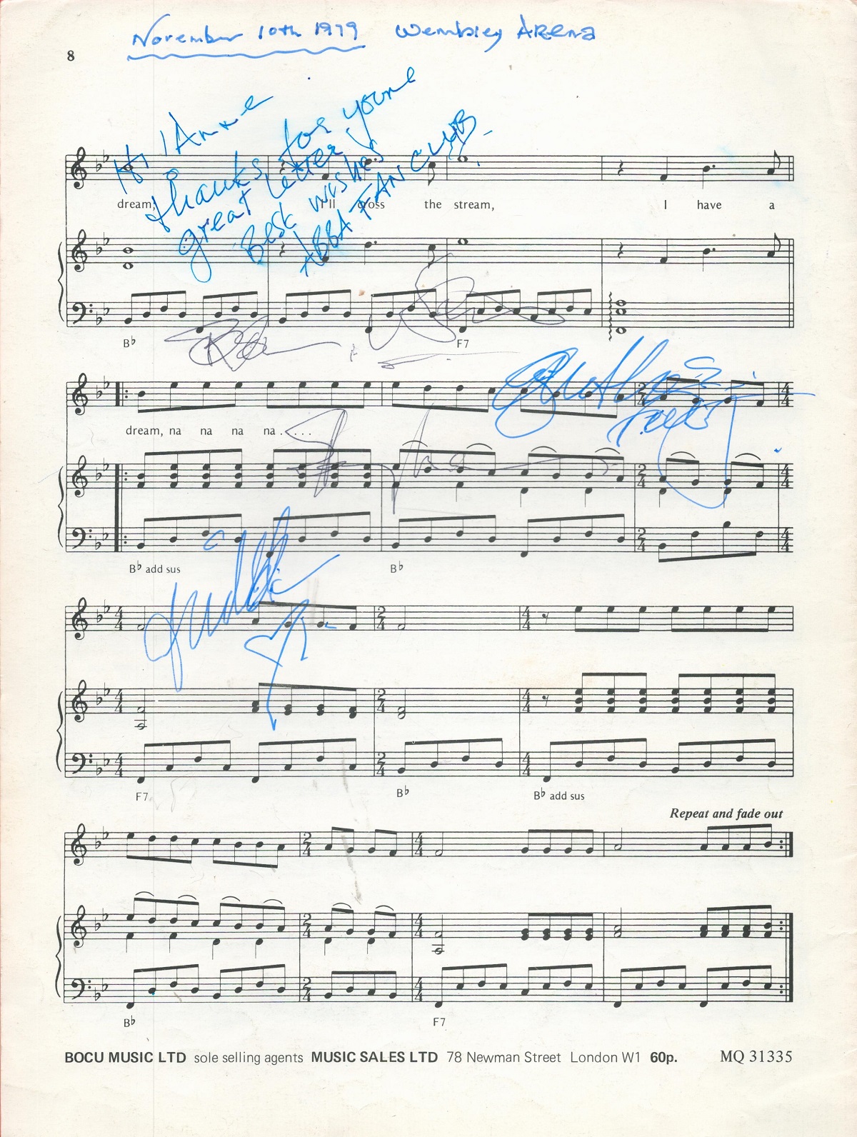 Abba multisigned I Have a Dream music sheet signed by all four members of the legendary group. Dated