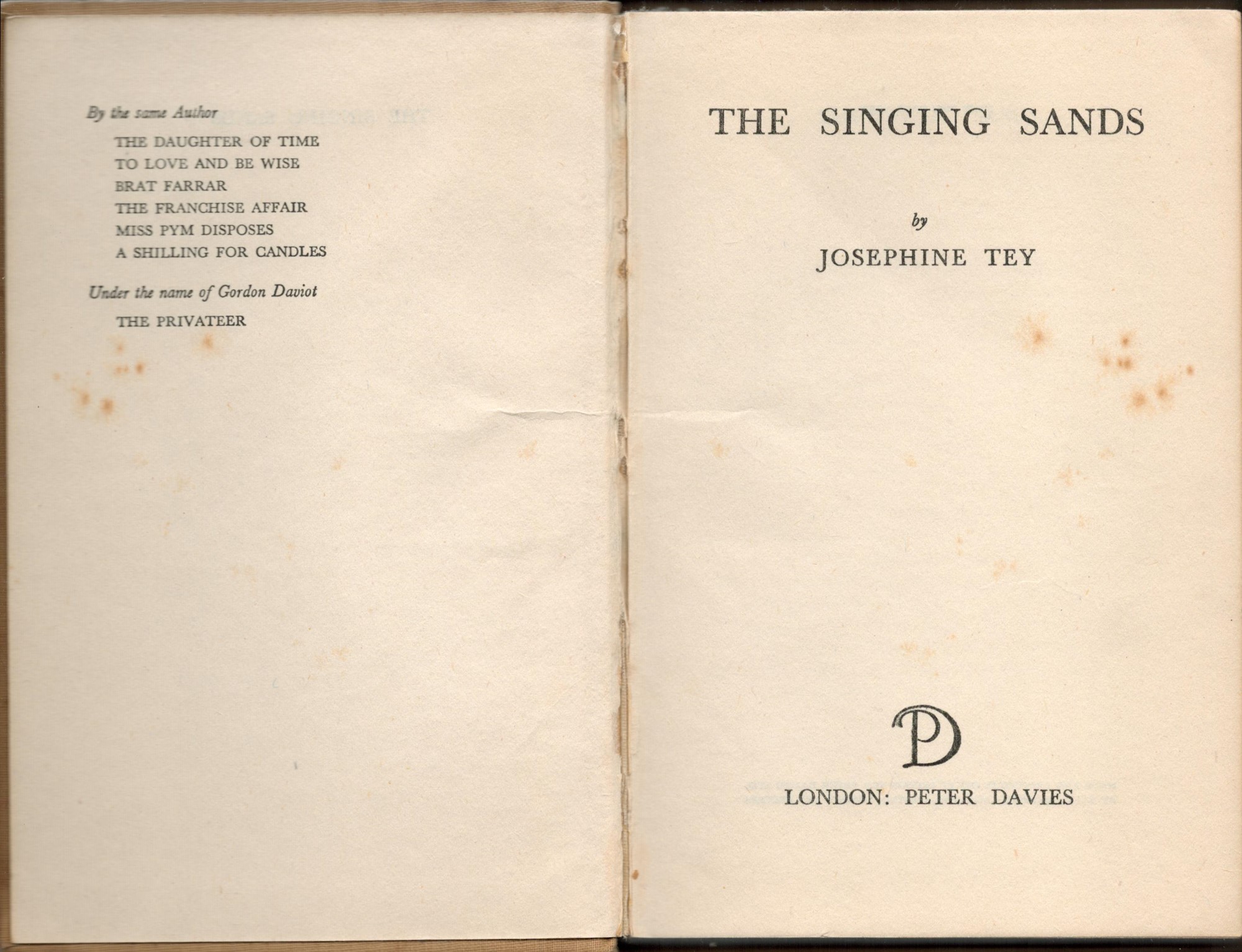 Josephine Tey The Singing Sands with complete Dust Jacket, Wrapper Hardback 1st Edition 1952 Lacks