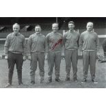 Football Autograph RONNIE MORAN 12 x 8 photo B W, depicting Moran and his fellow Liverpool coaches