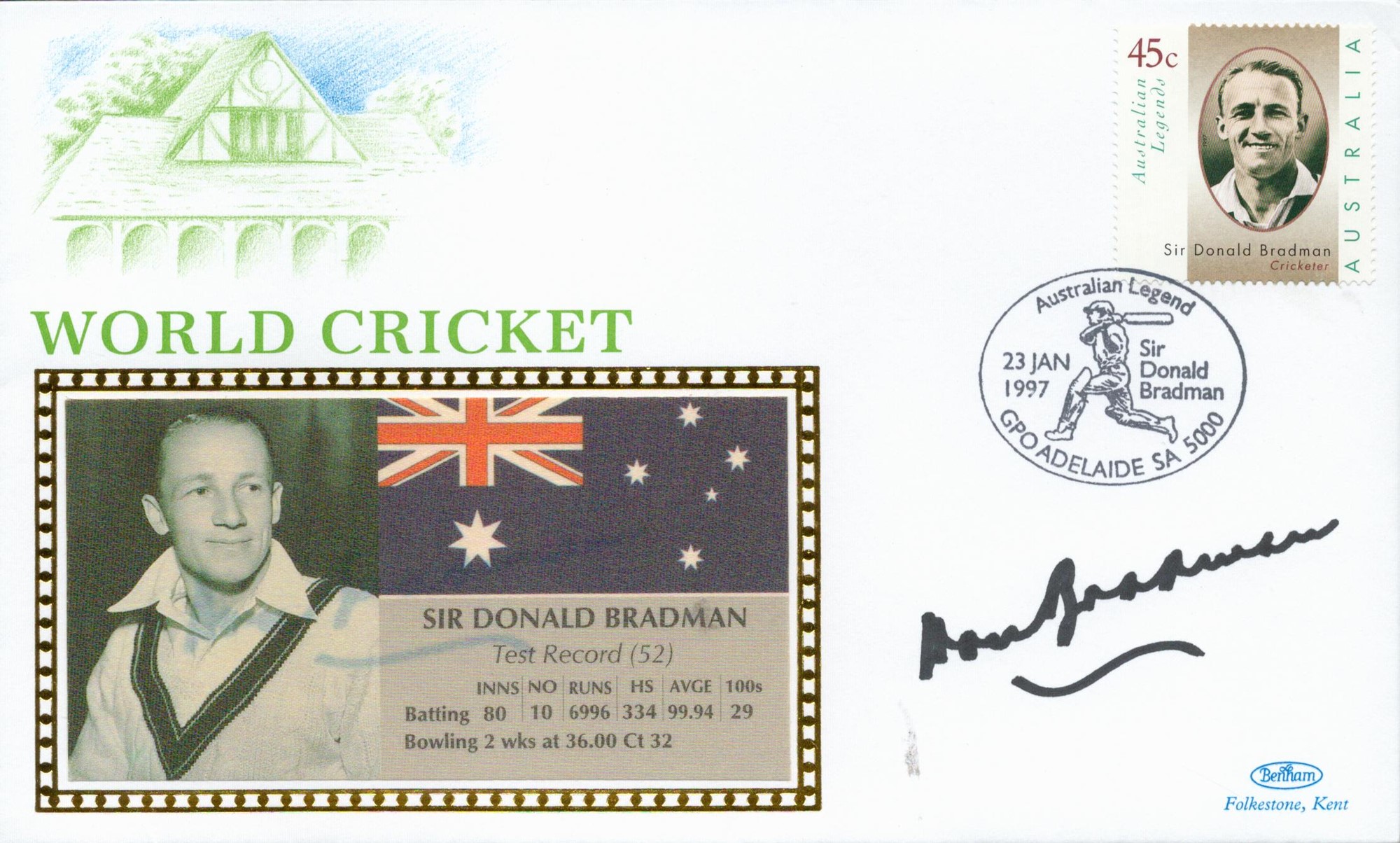 Cricket Don Bradman signed Benham 1997 World cricket legends Australian FDC dedicated to the great