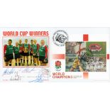 Rugby World Cup Winners FDC signed by 7. Signatures include Julian White, Martin Johnson, Dorian